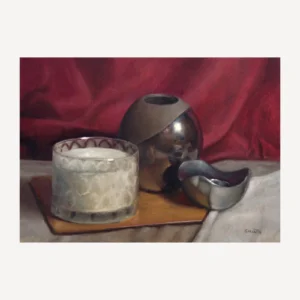 oil painting still life in a representational style of a vase, candlestick holder and glass in front of red fabric