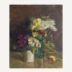 impressionist painting of chrysanthemums in multiple colours in vases on a dark background