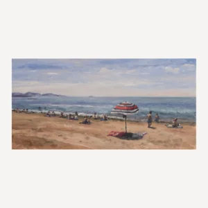 Painting of Malaga beach on a sunny day with a crowd of people and a red and white stripesd sun umbrella