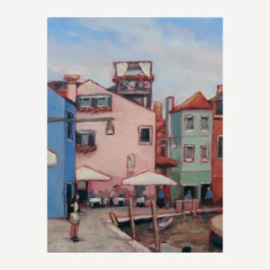oil painting of a pink house in burano next to the canals and a blule and green house
