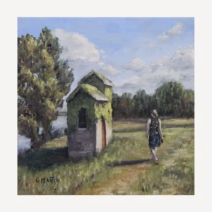 Oil painting of woman walking in Lake Frassino countryside Italy