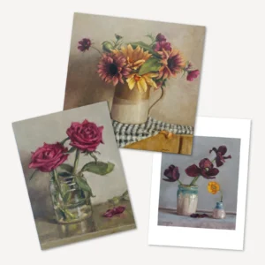 Three floral greeting cards. One with sunflowers and cosms=os, one with two red roses and a last painting of purple tulips. All are in vases.