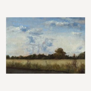Small painting of an odd cloud formation above trees in the distance. A yellow field is in the middle ground with undergrowth near the front of the painting