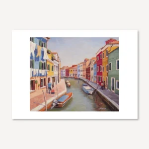 Greeting card showing canal and street with colourful houses oil painting of Burano, Italy