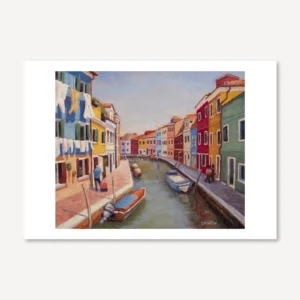 Print of a painting of canal side path and colourful houses in Burano, Italy