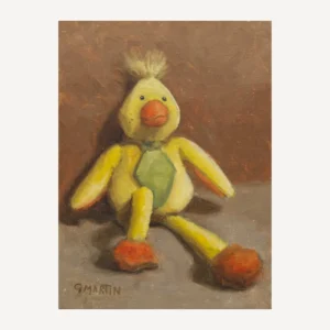 oil painting of a yellow duck soft toy