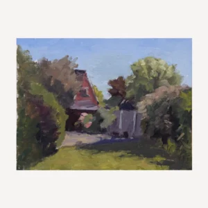 Garden painting on a summers day showing grass, trees a fence at the back with a house behind it. Blue sky.