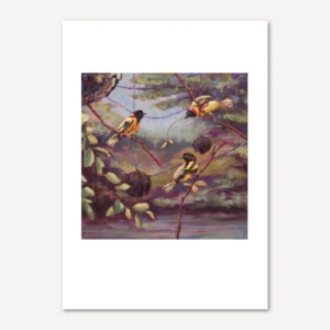 Greetings Card Front showing Birds Building nest Acrylic Painting