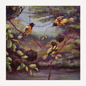 Acrylic painting of three village weaver birds that are yellow and black, building nests