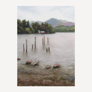 Oil painting of Derwentwater Lake in Keswick on a grey day