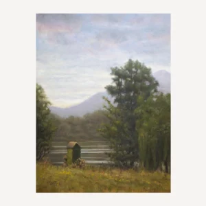 Oil painting of Lago Del Frassino, an Italian Lake with a small, moss covered hut and large trees. There are mountains in the distance.