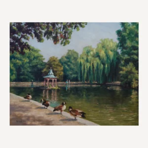 Landscape painting of Osterley Park with ducks by a lake and trees.
