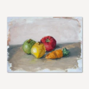 Painting of childs plastc vegetables and fruit. An applr, tomato, lemon and carrot painting in a loose style