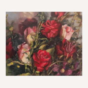 Alla prima painting in oils of very red roses in a floral bouquet
