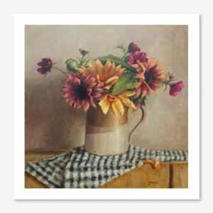 Sunflowers and cosmos print of a painting of flowers in a vase on a wooden table with a teatowel