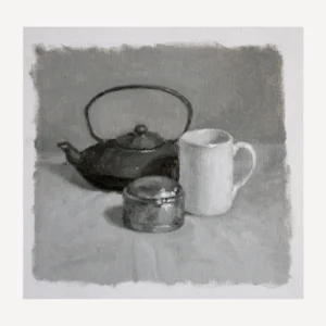Grey painting of a teapot, mug and metal container on a table. Still Life.