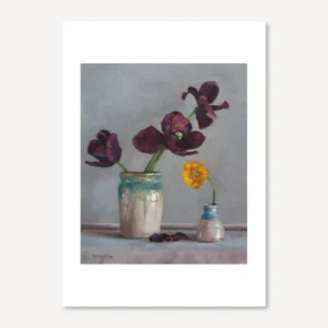 Greeting card image of flowers in vases oil painting