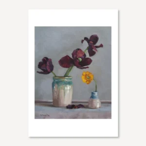 Print of a painting of dark tulips and a Welsh poppy on a grey background in enamel vases