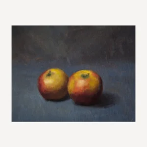 Two red and green apples still life painting on a grey background