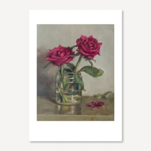 print of two red roses in a jar still life oil painting