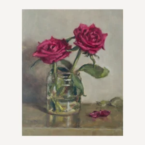 Two dark pink roses in a jar still life oil painting in a loose realistic style. There is a petal fallen onto the table
