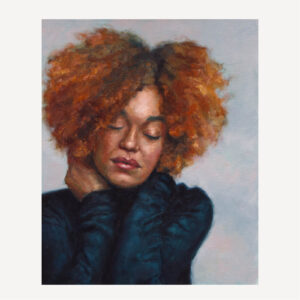Oil portrait of a poet in Reverie with textured hair and hands behind neck, arms closed. Colours are mainly oranges and blues