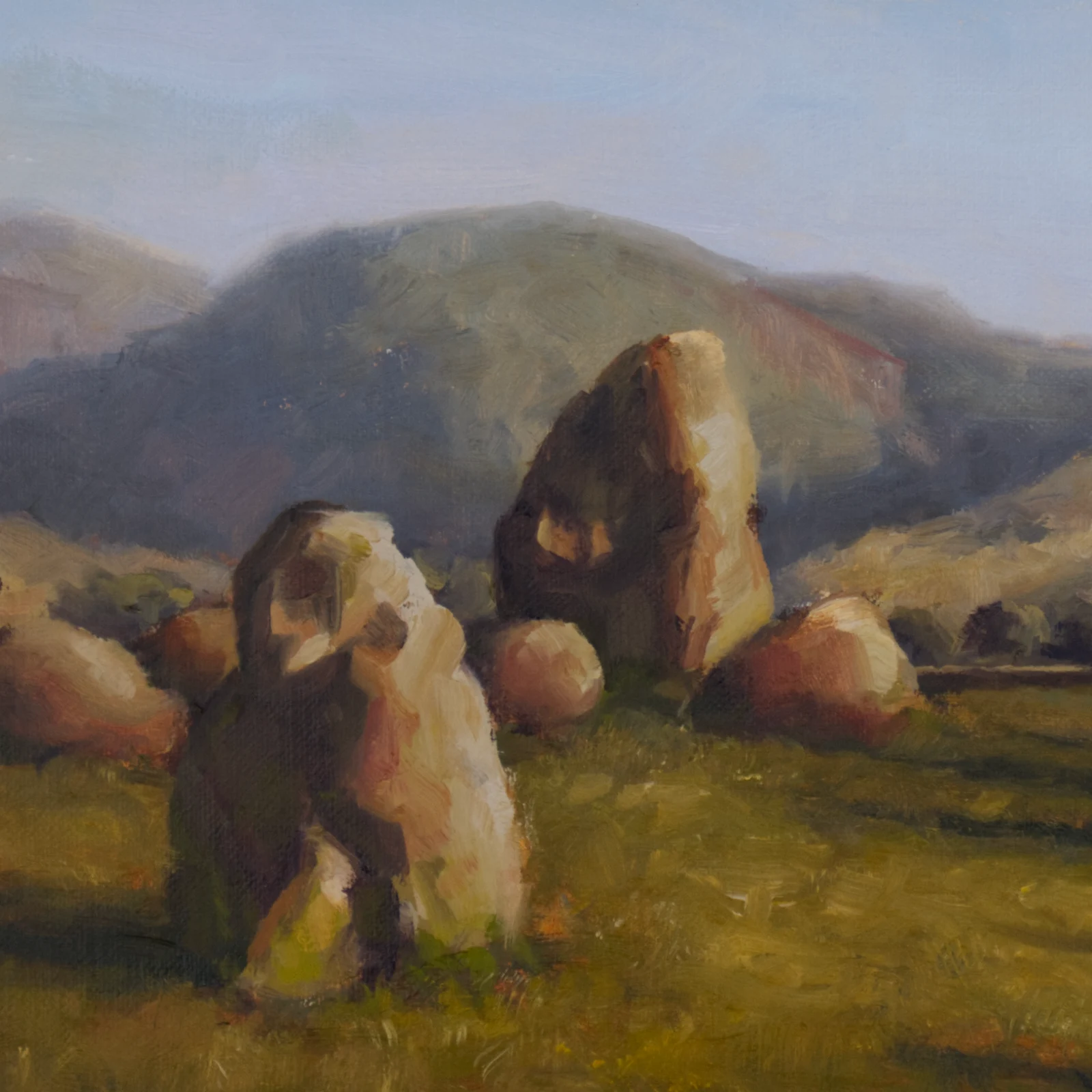 Close up of an oil painting of Castlerigg stone circle showing two main stones with a hill in the background and blue summer sky