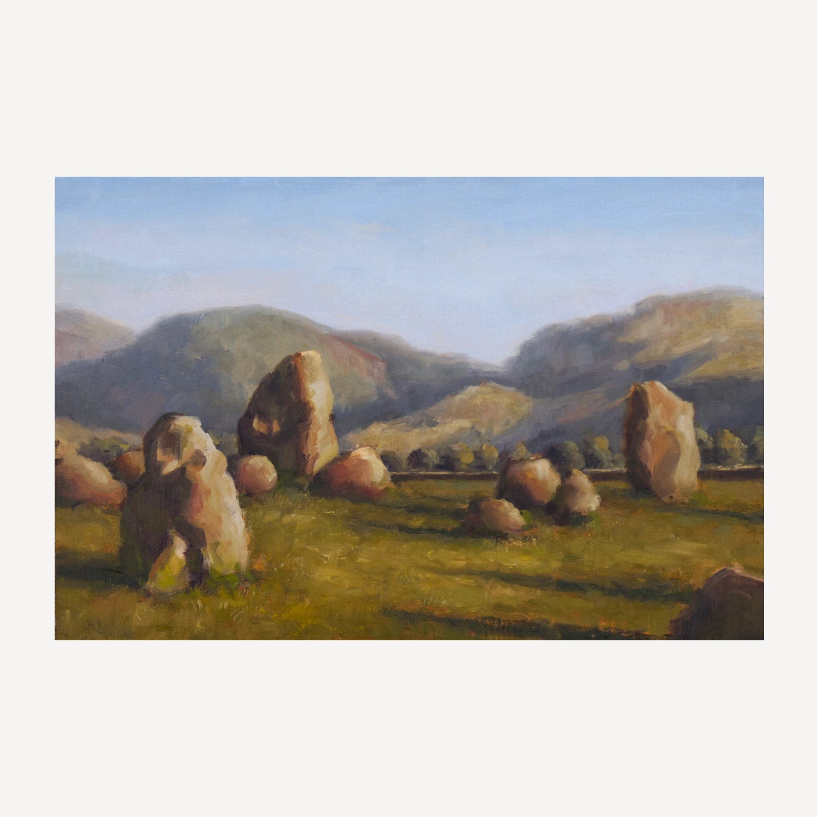 oil painting of castlerigg stone circle with a white border